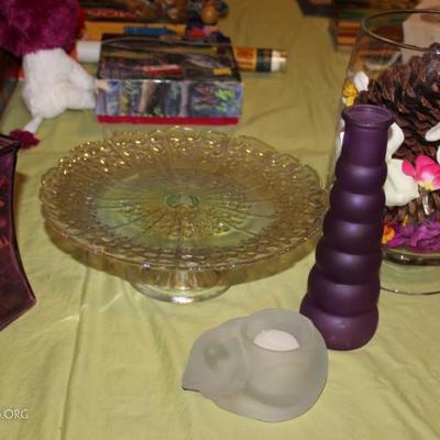 Box lot, three vases, iridescent glass compote and glass cat candle holder.
