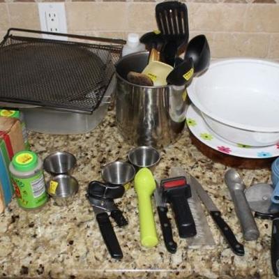 Box lot of kitchen utensils and more
