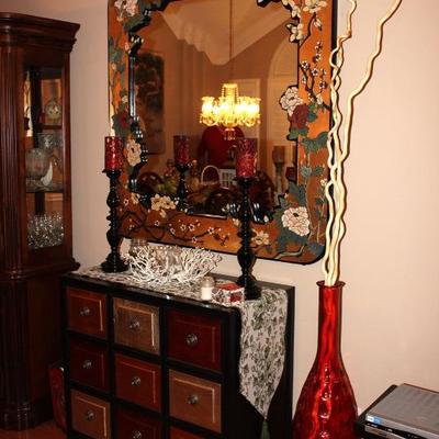 Gold leaf carved mirror, dresser / cabinet, designer accessories 