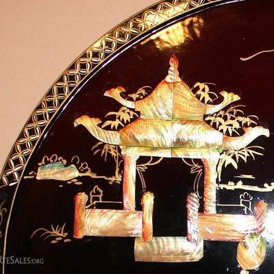 Antique Black lacquered Asian wall art with mother of pearl