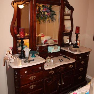 dresser vanity with mirror, tiled marble tops