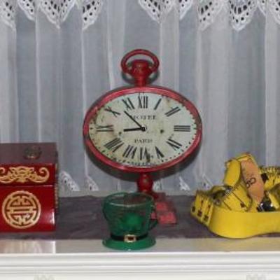 Asian box, decorative clock, lamps