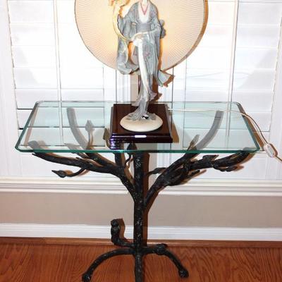 beautiful glass top tree table and and Asian inspired lamp