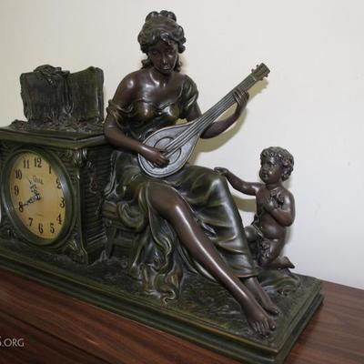Crosa Mantel Clock with Woman playing an instrument and kneeling child