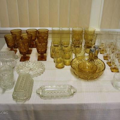 Glassware in Amber, blue, clear