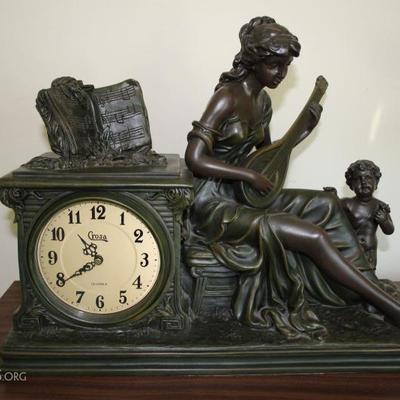 Crosa Mantel Clock with Woman playing an instrument and kneeling child