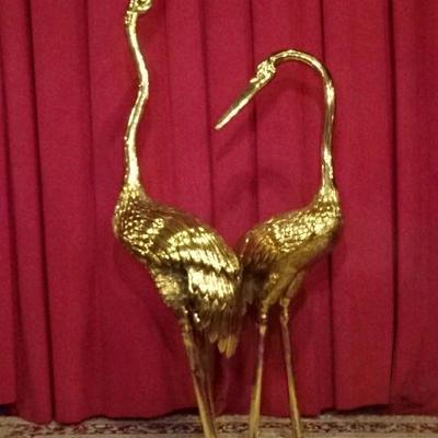 2 MONUMENTAL BRASS CRANE SCULPTURES, HOLLYWOOD REGENCY STYLE, OVER 6 FT TALL