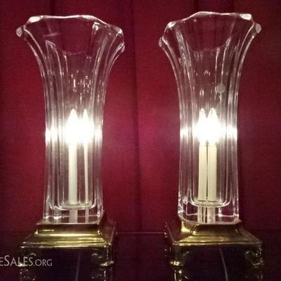 VINTAGE FRENCH CRYSTAL TABLE LAMPS WITH BRASS BASES, MARKED MADE IN FRANCE