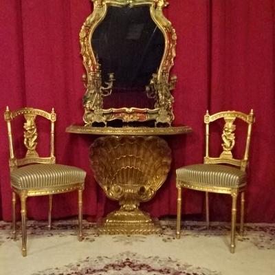 ITALIAN ROCOCO GILT WOOD MIRROR AND MID CENTURY GILT WOOD CONSOLE TABLE, EACH SOLD SEPARATELY