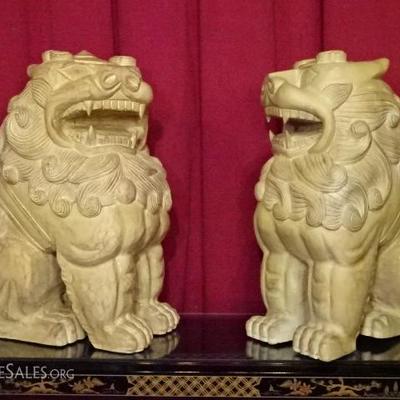PAIR LARGE CHINESE CARVED WOOD FOO DOGS