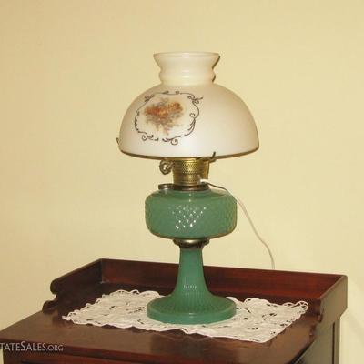 Jadeite glass hurricane lamp with original shade