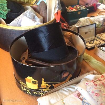 Smashing antique beaver fur stovepipe top hat, vintage hat box