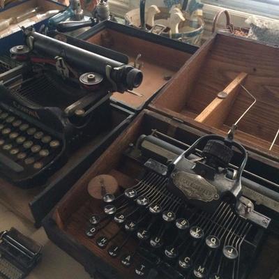 Earliest of the lot, a Blickensderfer (Stamford, CT) no. 5 typewriter in original wood box (ca. 1902)