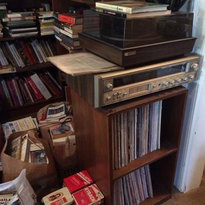 Vintage stereo equipment, 8-track player, record player, speakers, 8-track cassettes