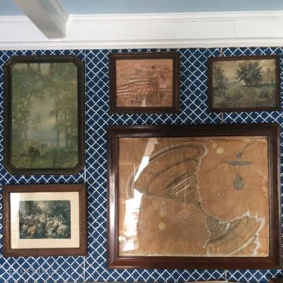 Ca. 1920s-40s wall art (mostly pastoral scenes with nice gilt frames), plus a funky piece of folk art by the homeowner (done in his...