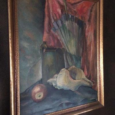 Ca. 1940s oil painting still life in gilt frame signed Weissflog (same artist that painted the watercolor portrait, a family...