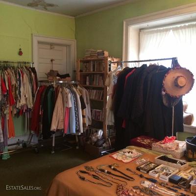 Three STUFFED racks of true vintage clothing ca. 1930s - 1970s, plus some jewelry and accessories