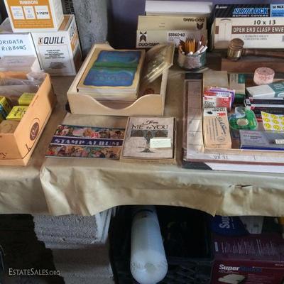 Stamp album (very small collection of stamps inside), office supplies, some stationary/notecards