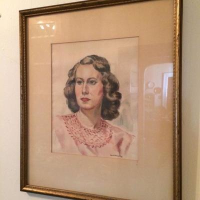 Pretty ca. late 1930s - early 1940s original watercolor portrait by family friend illustrator
