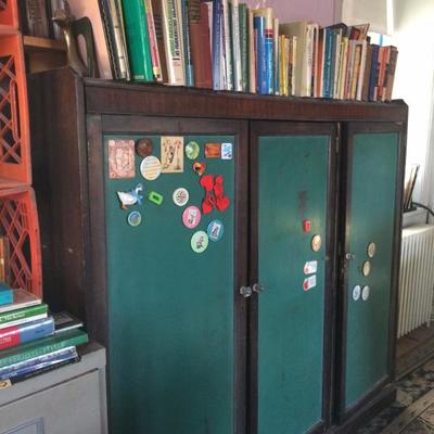 Vintage classroom cabinet with chalkboard panels