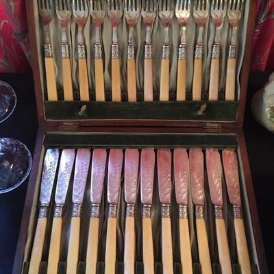 Antique S.P. Fish Cutlery Set with Sterling Accents