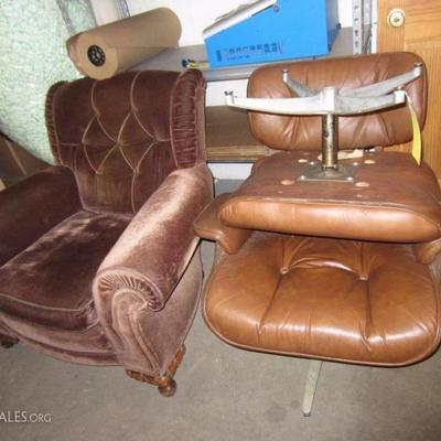 Kroeller Overstuffed Chair and Vinyl Swivel Chair and Ottoman