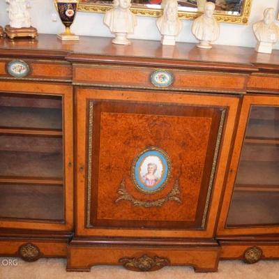 Beautiful antique burled wood display cabinet sideboard with hand-painted cameos and bronze? busts