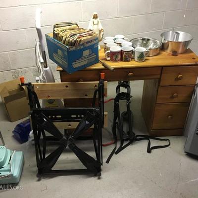 Old comic books, folding workbench, bicycle rack, more