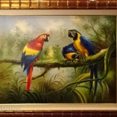 HUGE OIL PAINTING OF 3 PARROTS, OVER 4 FT WIDE