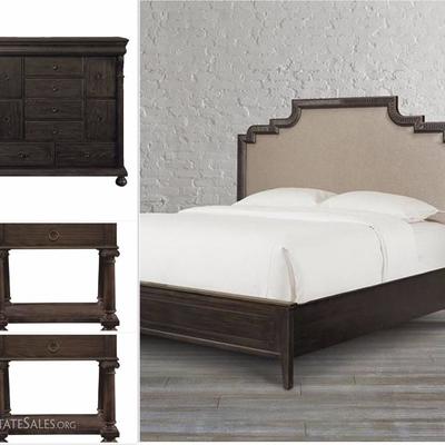 4 PIECE BASSETT QUEEN BEDROOM SET, INCLUDES BED, 2 NIGHTSTANDS AND DRESSER. FROM THE EMPORIUM COLLECTION, IN SMOKED OAK FINISH