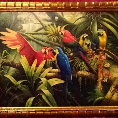 HUGE OIL PAINTING OF 6 PARROTS, OVER 4 FT WIDE