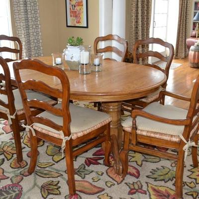 Oak table (also has 8 matching oak dining chairs) and 6 of 8 French Provinicial dining chairs