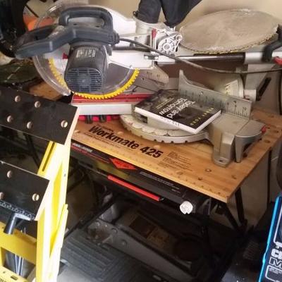 miter saw, car jack, woodworking tables, ladder