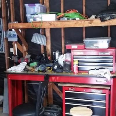 Work bench, air compressor, stools, tools