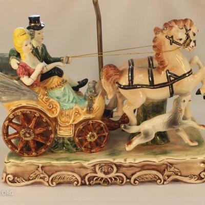 Meissen style porcelain horse and carriage lamp