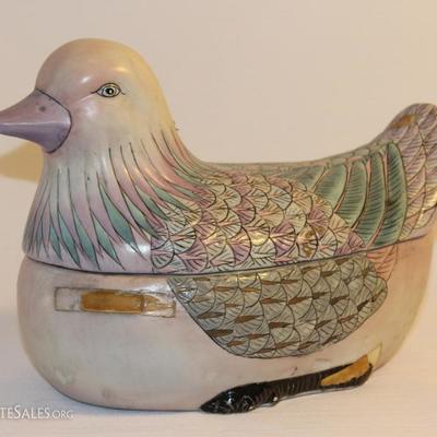 Painted bird lidded container