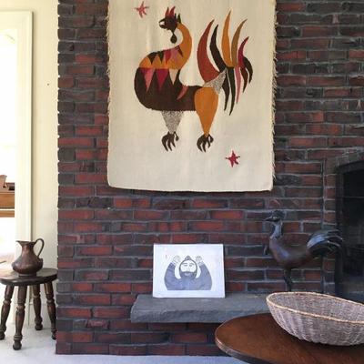 Vintage Hand Loomed Wall Hanging Rug with Rooster, Inuit Art, Area Rugs
