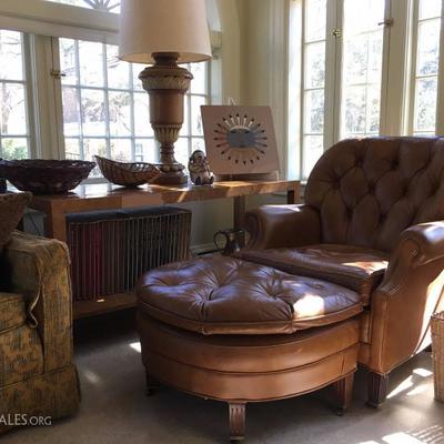 Tufted Leather Club Chair with Ottoman, Native American Baskets, Navajo Sand Art 