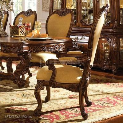 MICHAEL AMINI PALAIS ROYALE DINING SET WITH INLAID TABLE, 8 CHAIRS, 2 LEAVES, ALL IN ROCOCO COGNAC FINISH