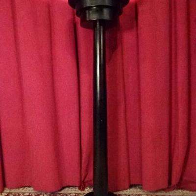 ART DECO STYLE TORCHIERE FLOOR LAMP WITH WOOD SHADE AND WOOD BASE IN BLACK ENAMEL FINISH