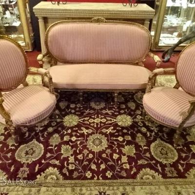 ANTIQUE LOUIS XVI STYLE SOFA AND 2 CHAIRS IN GOLD GILT