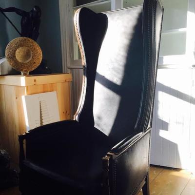 Vintage High Back Wing Chair in Black Pleather $150