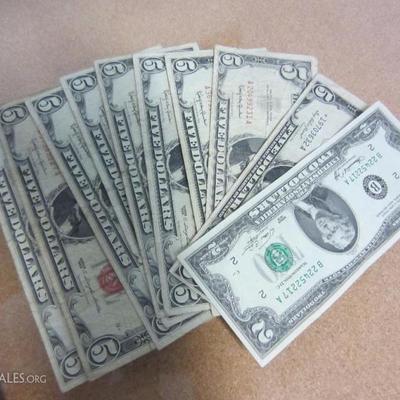 (8) $5 United State Note - 1963 Red Seal, (1) $5 Silver Certificate - 1953A Star Blue Seal (1) $2 Federal Reserve Note 1976