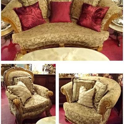 3 piece opulent living room set with sofa and 2 arm chairs in like new showroom condition