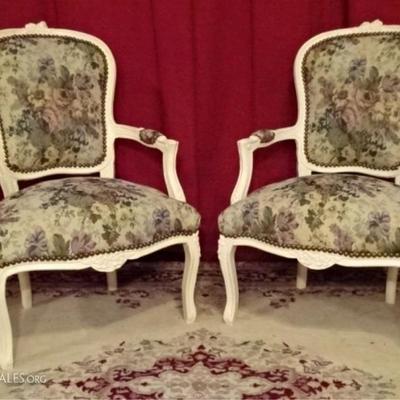 Pair Louis XV style open arm chairs in white finish with tapestry style upholstery, new, never used!