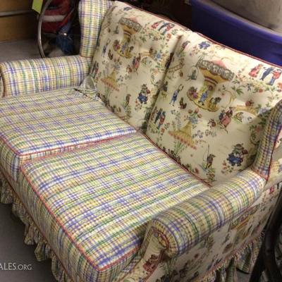 Cute, cute small Sofa/love seat has a nursery-design fabric (extra fabric on the bolt included. Excellent shape, clean and adorable. $150.