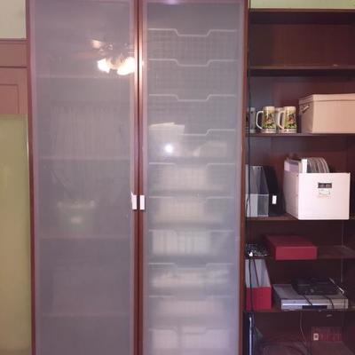 IKEA 9' storage cabinet with wire bins & shelves, frosted glass doors and lights