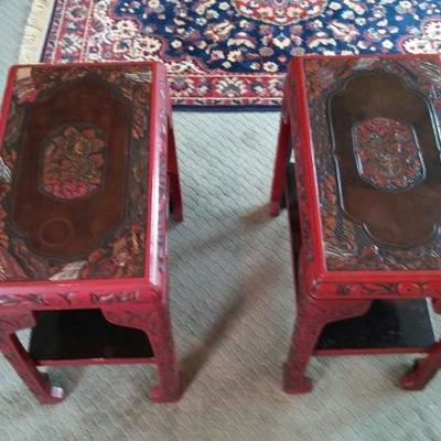 Set of 3 hand carved antique tables.