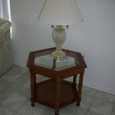 Wood and glass End table #1, Lamp #1