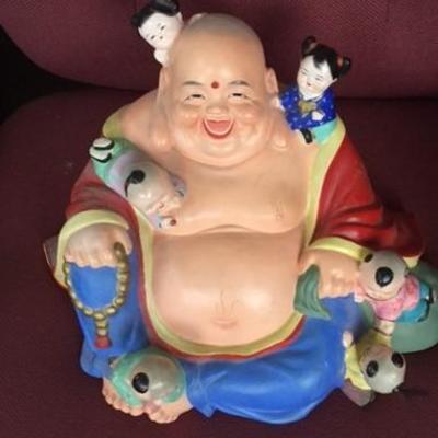CERAMIC CHINESE LAUGHING BUDDHA WITH 5 CHILDREN